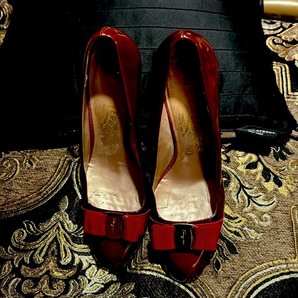 Ferragamo patent wedges Wine color, is closer than the red.